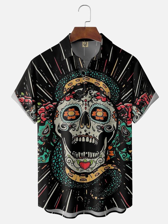 Moisture-wicking Skull Snake Art Day of the Dead Chest Pocket Casual Shirt