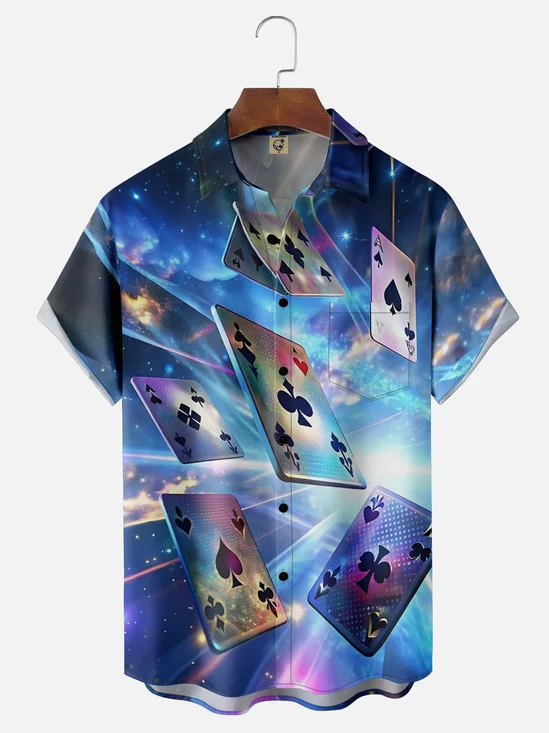 Moisture-wicking Playing Card Art Chest Pocket Hawaiian Shirt