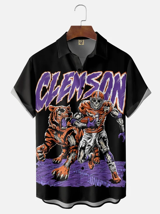 Moisture-wicking American Football Clemson Fun Tigers Chest Pocket Casual Shirt