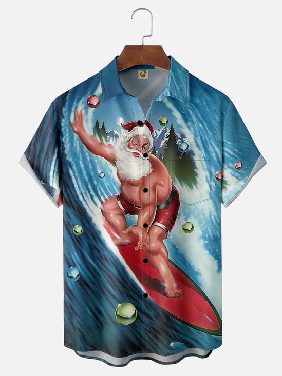 Moisture Wicking Funny Santa Surfing Chest Pocket Hawaiian Shirt