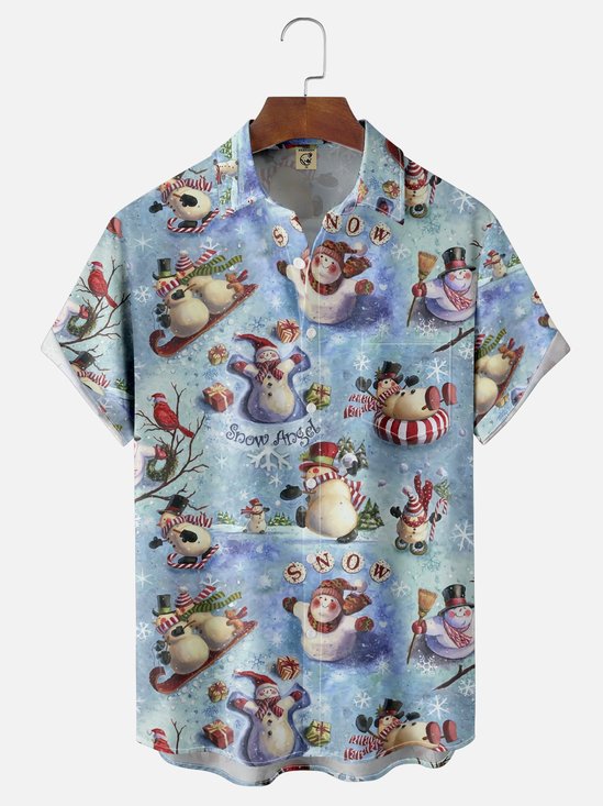 Moisture Wicking Christmas Snowman Chest Pocket Hawaiian Shirt