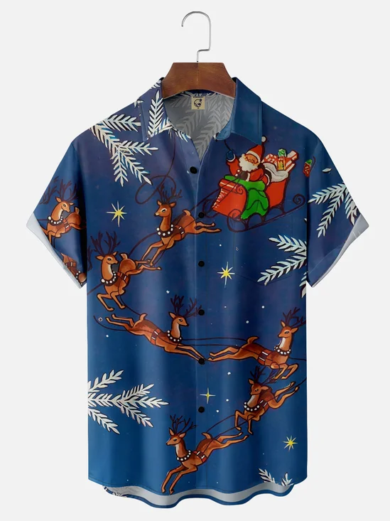Moisture Wicking Funny Santa Elk Chest Pocket Hawaiian Shirt