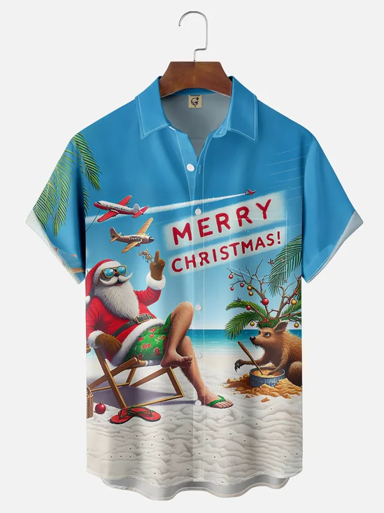 Moisture Wicking Funny Santa Beach Vacation Chest Pocket Hawaiian Shirt