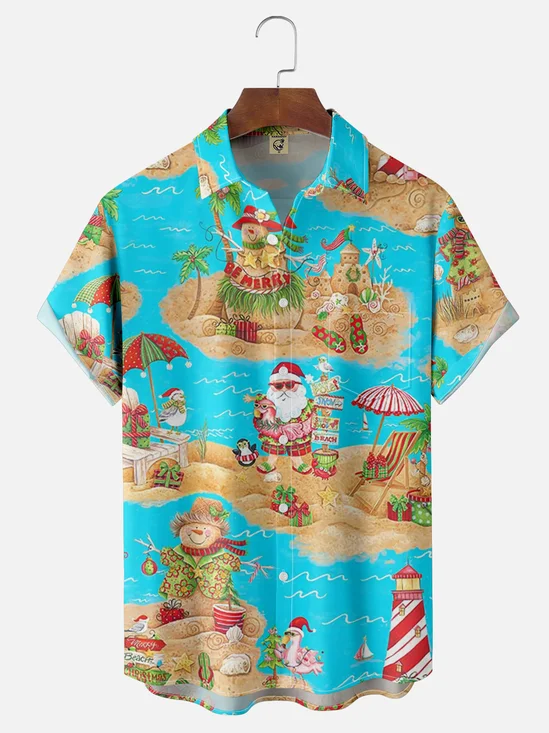 Moisture Wicking Merry Christmas Santa Holiday Chest Pocket Hawaiian Shirt