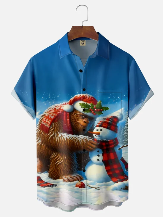Moisture Wicking Funny Christmas Bigfoot Snowman Holiday Chest Pocket Hawaiian Shirt