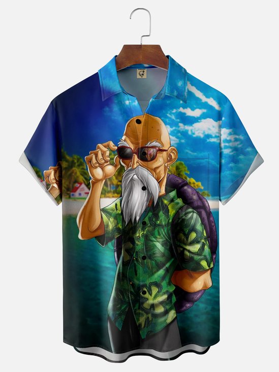 Moisture Wicking Funny Turtle Old Man Chest Pocket Hawaiian Shirt
