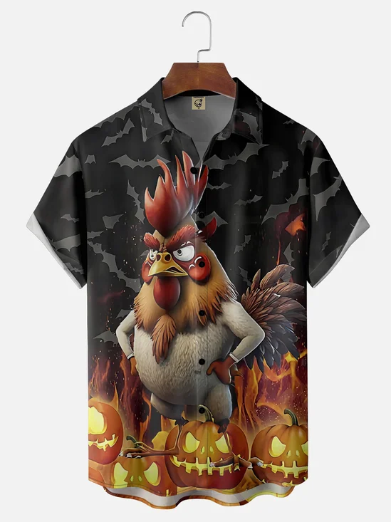 Moisture Wicking Fun Halloween Pumpkin Chicken Chest Pocket Hawaiian Shirt