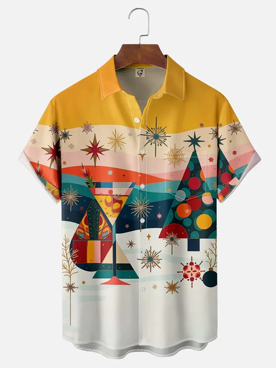 Moisture Wicking Vintage Mid-Century Christmas Tree Wine Glass Chest Pocket Hawaiian Shirt