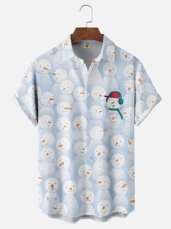Moisture Wicking Christmas Snowman Chest Pocket Hawaiian Shirt