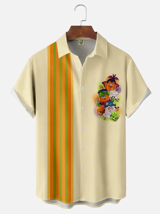 Moisture-wicking Halloween Pumpkin Bat Ghost Chest Pocket Bowling Shirt