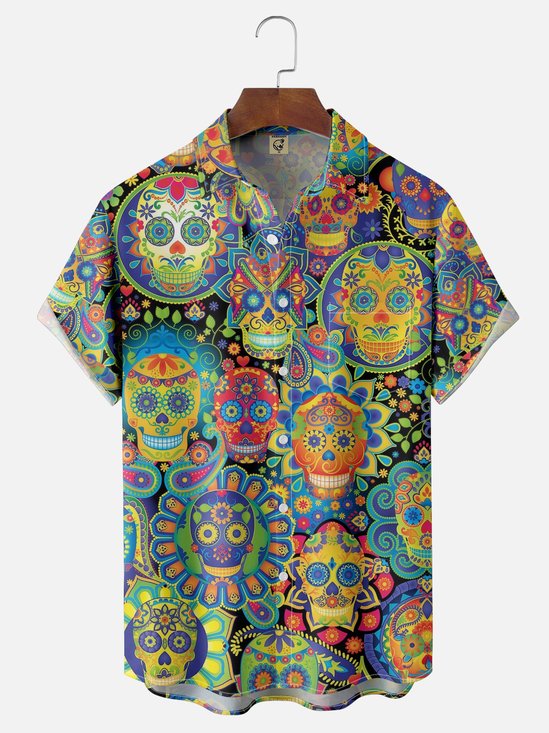 Moisture-wicking Day Of The Dead Skeletons Chest Pocket Casual Shirt