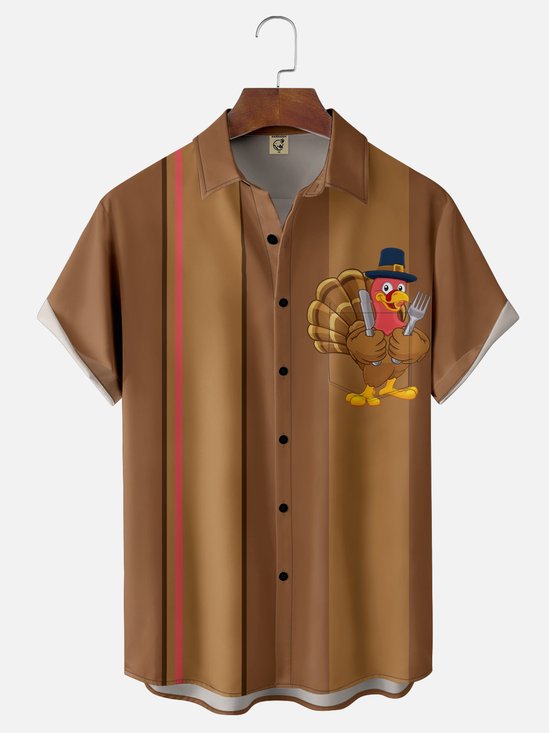 Moisture-wicking Thanksgiving Turkey Chest Pocket Bowling Shirt