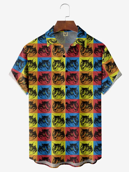 Hardaddy X Anna Lynne Moisture-wicking Cat Multicolor block Chest Pocket Hawalian Shirt