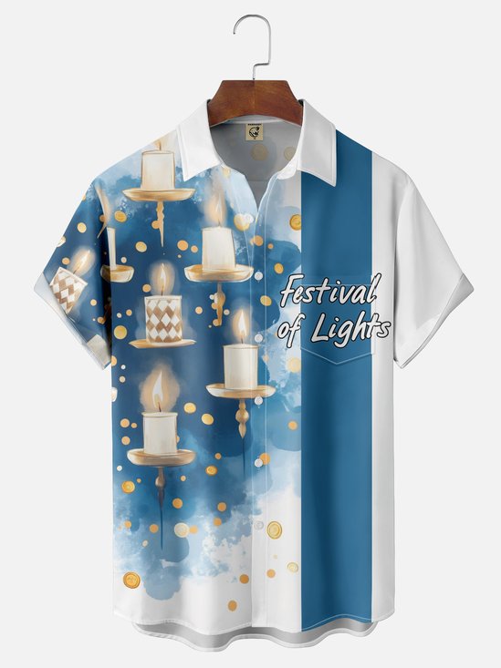 Moisture-wicking Hanukkah Candlestick Chest Pocket Bowling Shirt