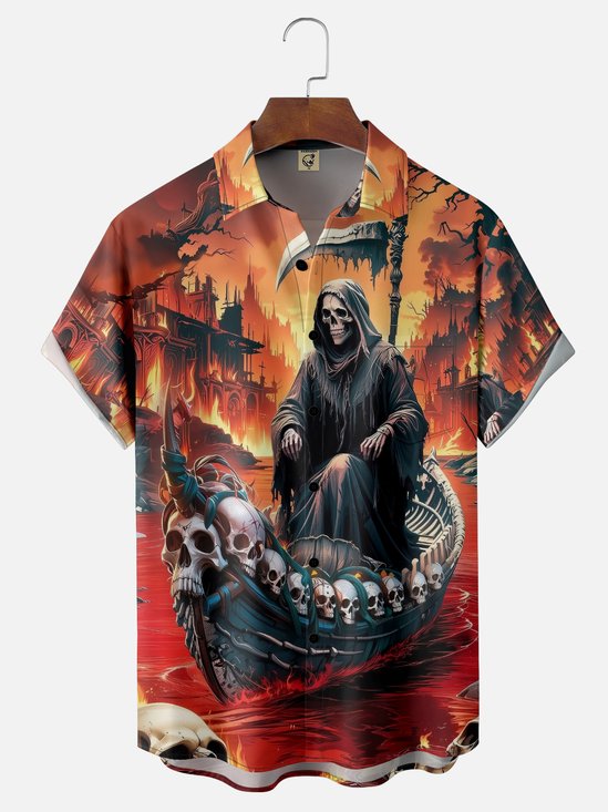 Moisture-wicking Halloween Skeleton Underworld Chest Pocket Casual Shirt