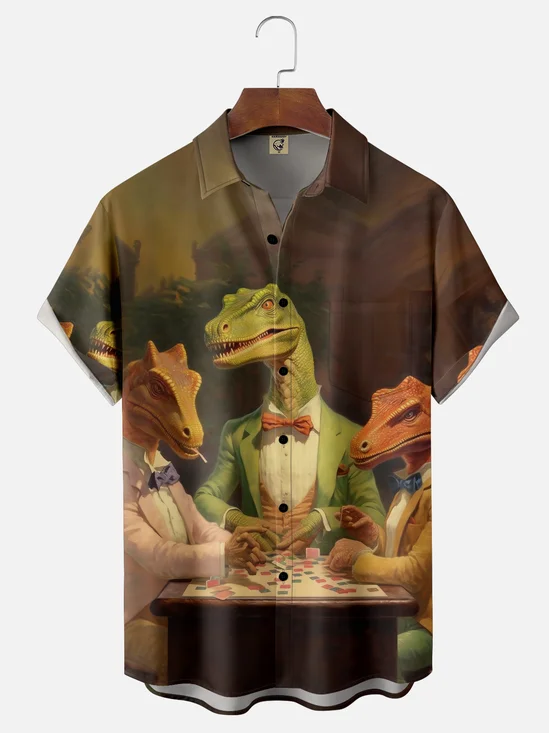 Moisture-wicking Dinosaur Poker Baccarat Chest Pocket Casual Shirt