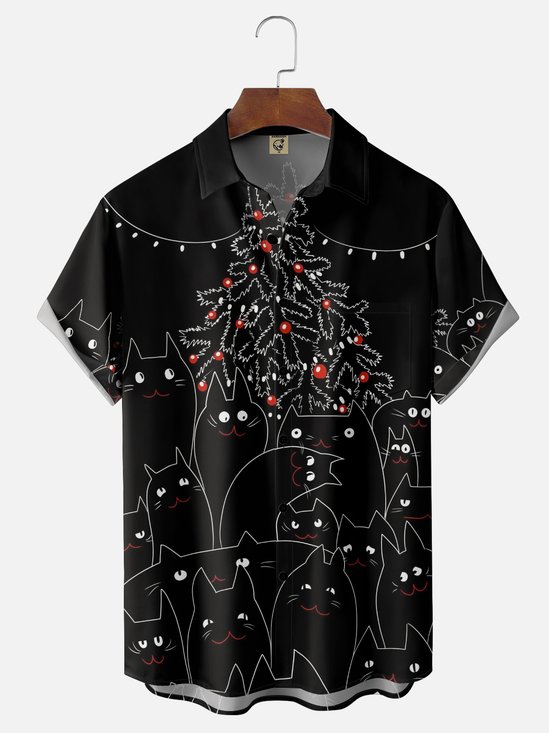 Moisture-wicking Christmas Tree Cat Lights Chest Pocket Casual Shirt