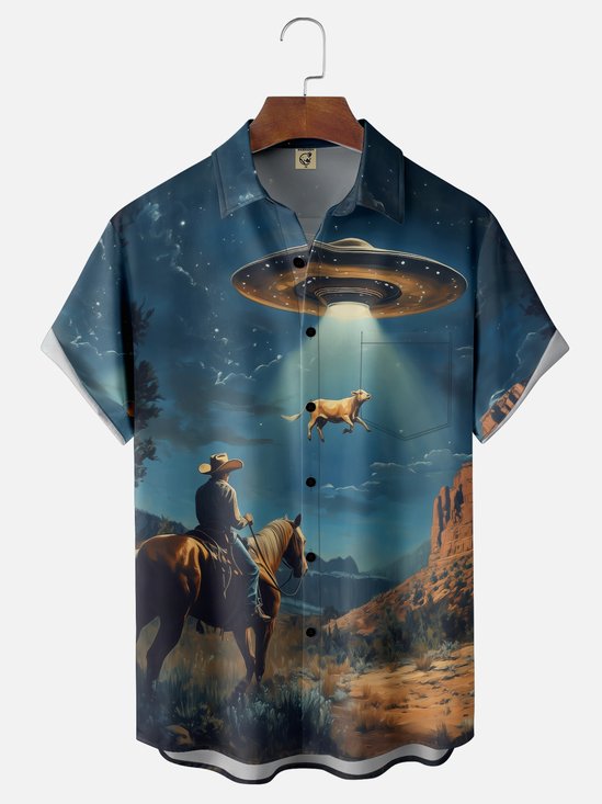 Moisture-wicking Cowboy UFO Chest Pocket Casual Shirt