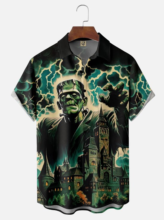 Moisture-wicking Halloween Haunted Castle Chest Pocket Casual Shirt