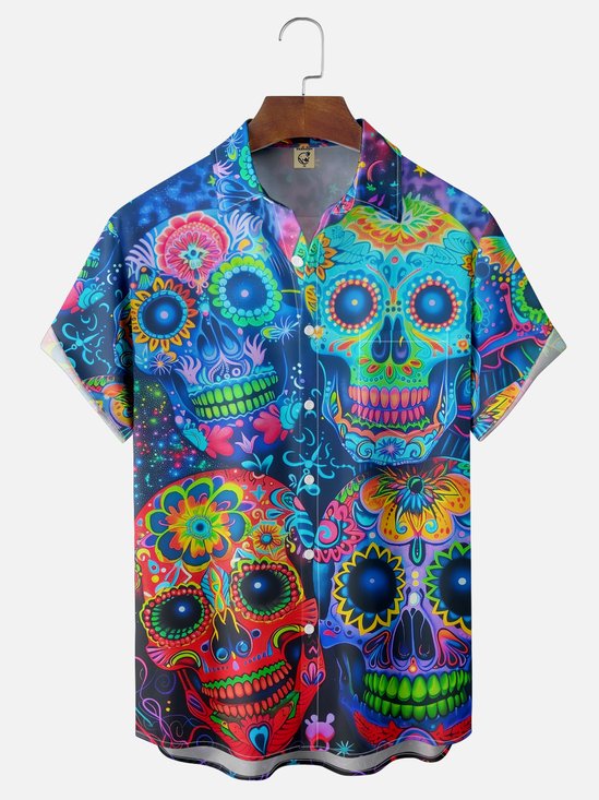 Moisture-wicking Day Of The Dead Skeletons Chest Pocket Casual Shirt