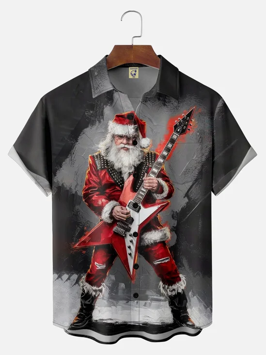 Big Size Moisture-wicking Christmas Santa Claus Rock Music Chest Pocket Casual Shirt