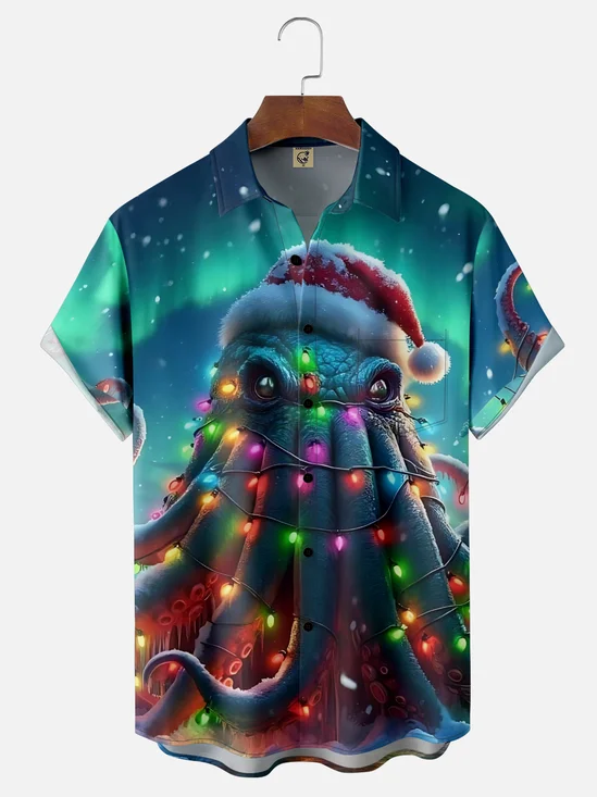 Moisture-Wicking Christmas Octopus Hat With Lights Chest Pocket Hawaiian Shirt