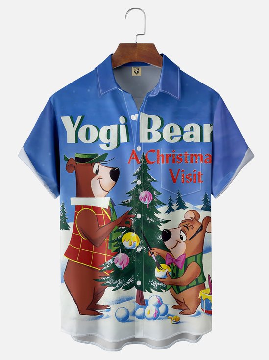 Moisture-Wicking Christmas YOGI BEAR Christmas Tree Chest Pocket Hawaiian Shirt