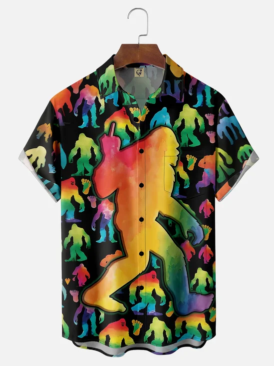 Moisture-Wicking Gradient Hippie Bigfoot Chest Pocket Hawaiian Shirt