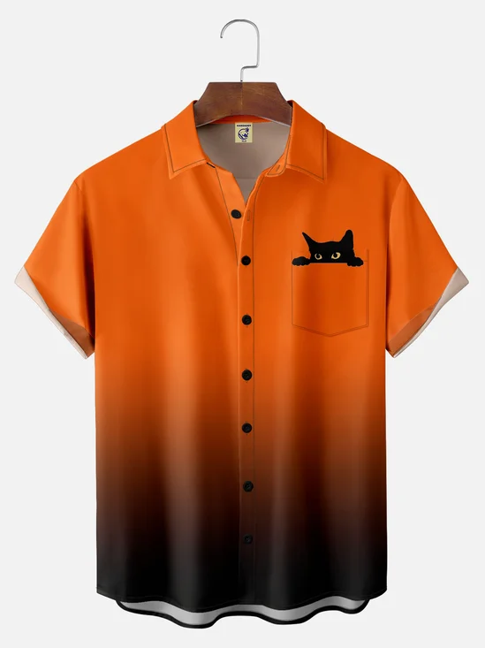 Big Size Moisture-wicking Halloween Cat Gradient Color Chest Pocket Casual Shirt