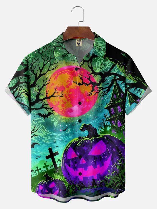 Big Size Moisture-wicking Halloween Pumpkin Graveyard Fun Chest Pocket Casual Shirt