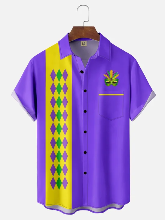 Moisture-Wicking Color-Blocked Mardi Gras Chest Pocket Bowling Shirt