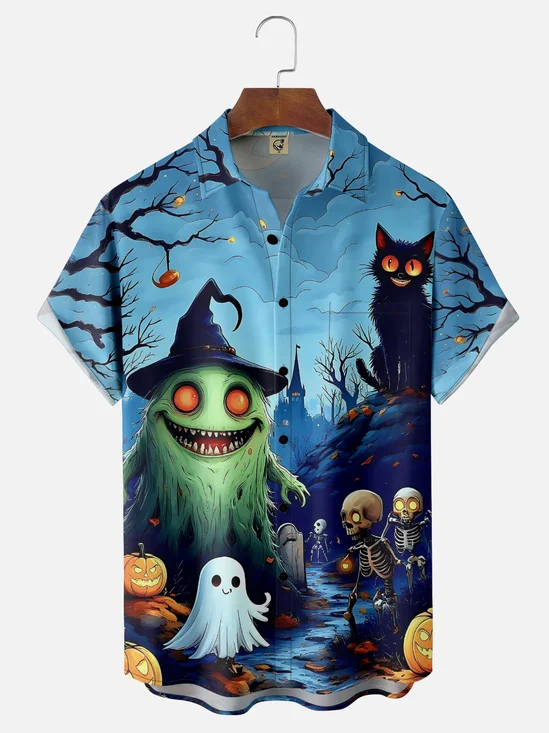 Moisture-Wicking Halloween Ghost Skull Pumpkin Black Cat Chest Pocket Hawaiian Shirt
