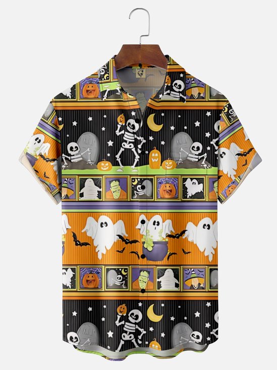 Moisture-Wicking Halloween Frankenstein Ghost Pumpkin Chest Pocket Hawaiian Shirt