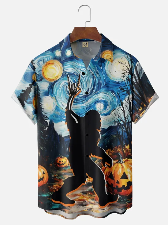 Moisture-Wicking Halloween Van Gogh Starry Sky Bigfoot Pumpkin Chest Pocket Hawaiian Shirt