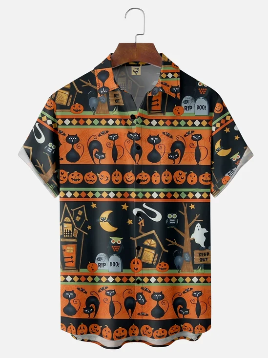 Moisture-Wicking Halloween Ghost Pumpkin Black Cat Chest Pocket Hawaiian Shirt