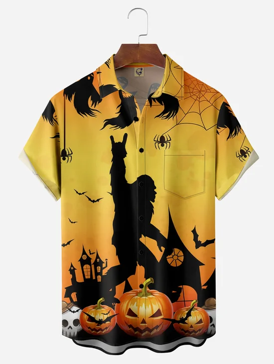 Tall Size Moisture-wicking Halloween Bigfoot Chest Pocket Casual Shirt