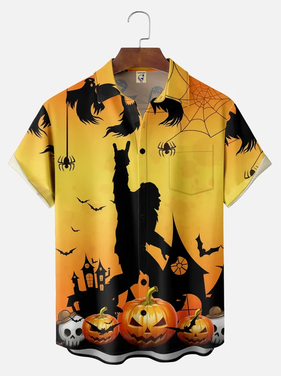 Big Size Moisture-wicking Halloween Bigfoot Chest Pocket Casual Shirt