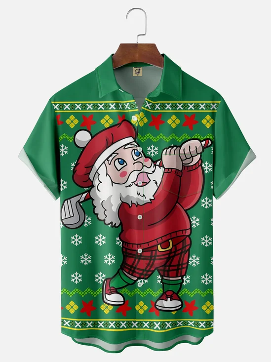 Moisture-Wicking Santa Claus Playing Golf Chest Pocket Hawaiian Shirt