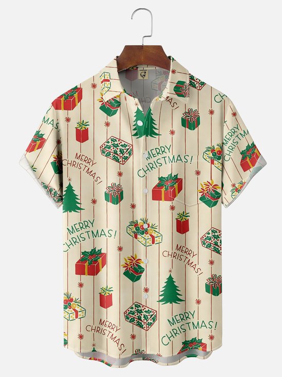 Moisture Wicking Merry Christmas Chest Pocket Hawaiian Shirt