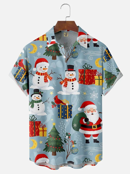 Moisture-wicking Christmas Santa Claus Snowman Chest Pocket Casual Shirt
