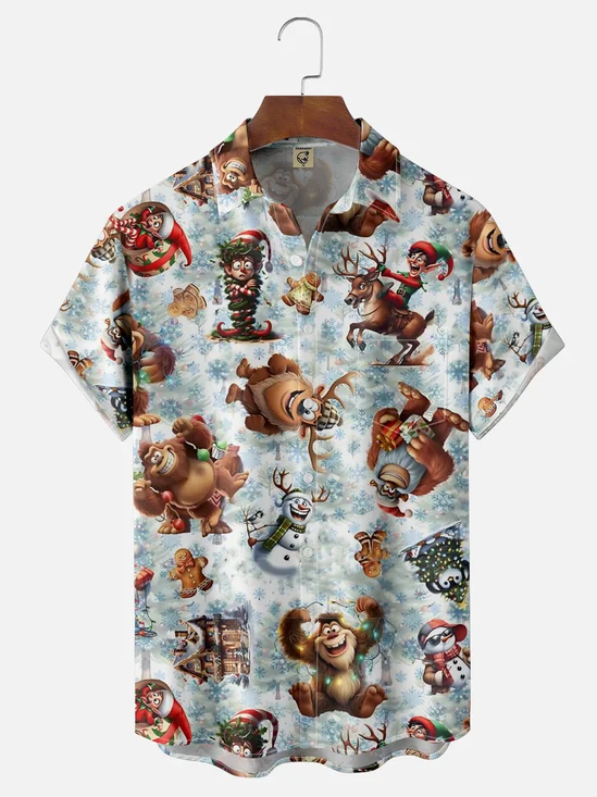 Moisture Wicking Merry Christmas Bigfoot Yeti Elk Chest Pocket Hawaiian Shirt