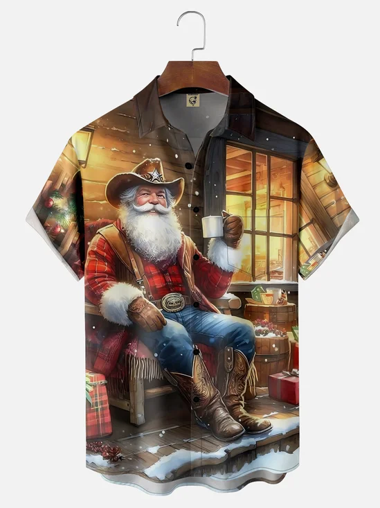 Moisture-wicking Christmas Santa Claus Christmas Tree Holiday Chest Pocket Casual Shirt