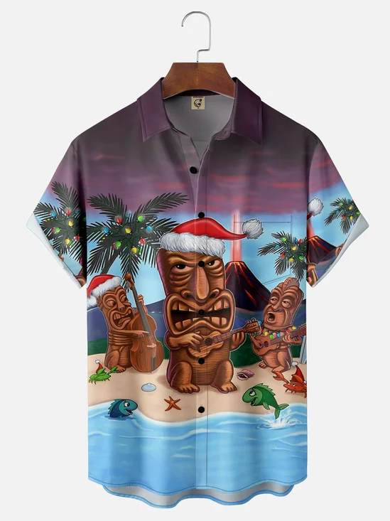 Moisture Wicking Merry Christmas TIKI Chest Pocket Hawaiian Shirt