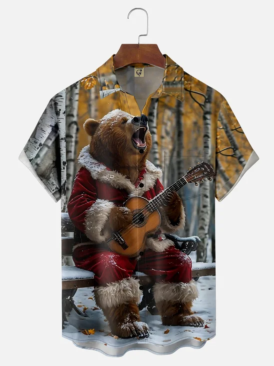 Moisture-wicking Christmas Brown Bear Christmas Tree Fun Chest Pocket Casual Shirt