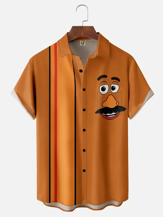 Moisture-wicking Potato Cartoon Stripes Chest Pocket Bowling Shirt