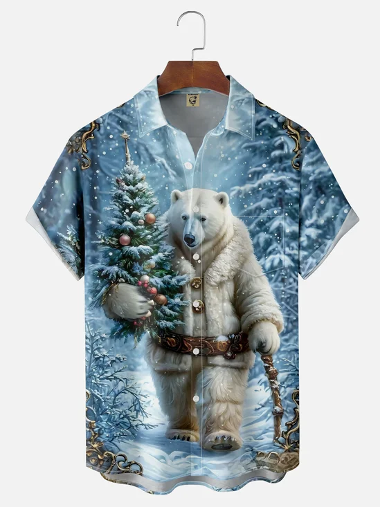 Moisture-wicking Christmas Polar Bear Christmas Tree Funny Chest Pocket Casual Shirt