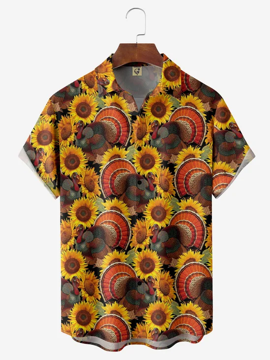 Moisture-wicking Thanksgiving Turkey Sunflower Chest Pocket Casual Shirt