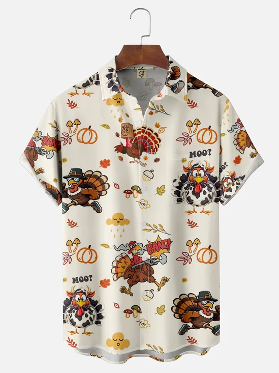 Moisture Wicking Thanksgiving Funny Turkey Chest Pocket Hawaiian Shirt