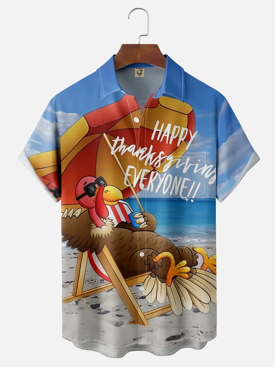 Moisture Wicking Thanksgiving Fun Turkey Beach Vacation Chest Pocket Hawaiian Shirt