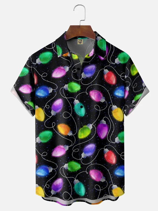 Moisture Wicking Merry Christmas Lights Chest Pocket Hawaiian Shirt